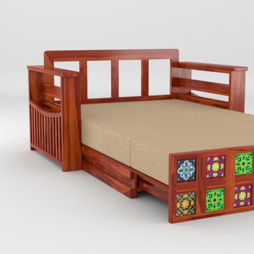 Image of Solid Sheesham Wood Sofa Cums Bed with Mattress & Storage | Rosewood Convertible Sofa Bed for Living Room & Bedroom (F-Honey, 2 Seater)