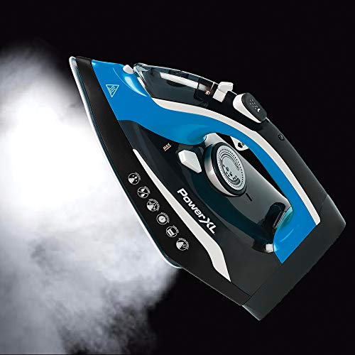 PowerXL Cordless Iron and Steamer Deluxe, Lightweight Dry Steam Iron with Ceramic Ion Soleplate, Vertical Steam, Anti-Calc, Anti-Drip, Auto-Off, Power Base (Blue 1500 Watt with Ironing Pad)