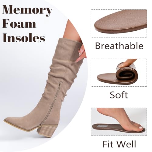 Women's Knee High Boots, Wide Calf Chunky Block Low Heel and Slouchy Pointed Toe Winter Long Boots for Women.4