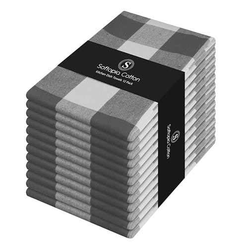 Image of Gray Buffalo Plaid Checked Dish Towels 12 Pack, 100% Cotton, 16x26 Inches, Super Absorbent, Quick Drying, Soft, Lint-Free, Durable Tea & Bar Towels with Hanging Loop, Grey and White