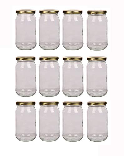 PFURE SOLUTION Glass Jar Container for kitchen storage 100 gram / 100 gm with rust proof airtight Golden Lid SET of 12 (Round).Useful for Containing :Jams, Pickle,Honey,ghee,Oils.