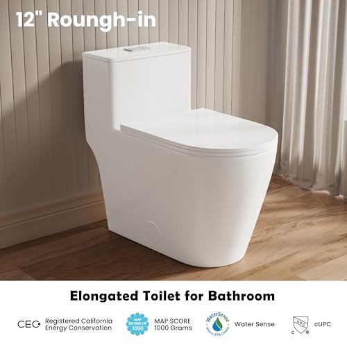Casta Diva Elongated One Piece Toilet with 17\" ADA Comfort Chair Height Seat Compact Toilet for Bathroom Dual Flush 1.1/1.6GPF, 12\'\' Rough-in, High Efficiency Flush, Standard White Bowl