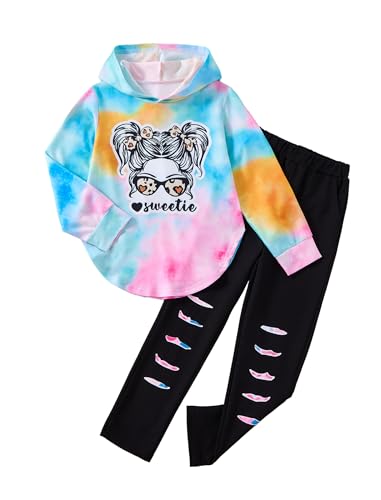 Image of Girls Clothes Cool Girl Print Tie Dye Hoodie Pullover Sweatshirts Leggings Teen Girl Clothes 6-14 Years