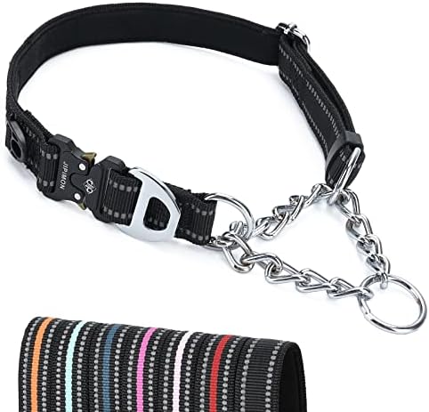 JIPIMON Dog Collar Martingale with Alloy Buckle Reflective Stainless Steel Chain Safety Adjustable Dog Training Collar for Small Medium Large Dogs (Medium, Black)