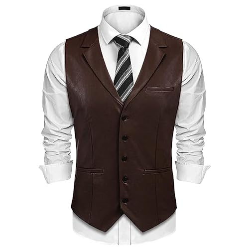 Men's Leather Casual Suit Vest Slim Fit Faux Leather Dress Vests Lightweight V-Neck Dress Waistcoats