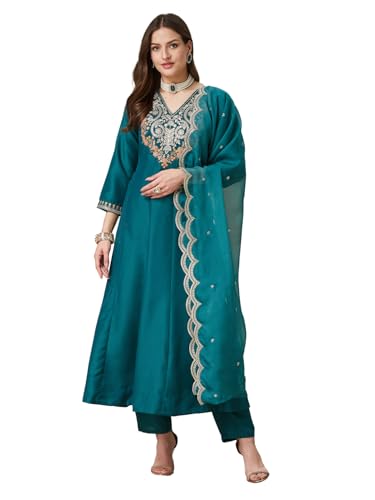 Image of MOKOSH Women's Silk Embroidered Anarkali Kurta Pant & Dupatta | Anarkali Kurta Set |Embroidered | V Neck 3 /4 Sleeve Ethnic Suit |3 Piece Outfit | Floral 3 Colour Options Available