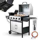 TLSUNNY 4+1 Brenner Gasgrill aus Edelstahl, Master mit Seitenkochfeld,BBQ Grillwagen Gas mit 2 pcs Rad,Hochleistungsbrenner, Impulszünd, mit Thermometer,Große Grillfläche,Grillküche,4*/2.93KW + 2.33KW
