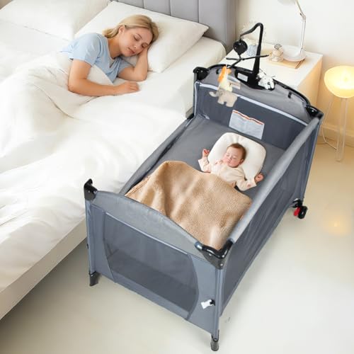 Image of 5-in-1 Baby Bassinet Bedside Sleeper, Portable Playard with Changing Station, Foldable Infant Travel Crib with Wheels, Adjustable Height Newborn Baby Playpen for Home & Travel