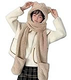 pull and bear winter outerwear Doux Women\'s Winter Cute Cartoon Bear Ear Warm Hoodie, Long Scarf, Soft Plush Shawl Wraps, Gloves, Hooded Hat