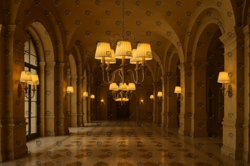 Image of Traditional Brass Chandelier, 5-Light and Double Wall Light & Single Wall Light White Fabric Shades, Chain-Mounted Ceiling Light (American, 1)
