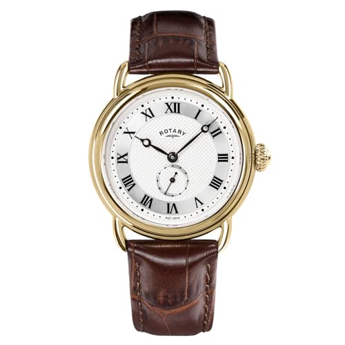 Rotary Mens Heritage Sherlock Gold Plated Stainlesss Steel Brown Leather Strap Watch