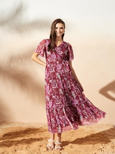 Image of Miss Chase Women's Floral V-Neck Flutter Sleeve Wrap Chiffon Maxi Dress