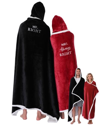 Jamntower 2 Pcs Wearable Blankets for Couples His and Hers Embroidered Blanket Romantic Warm Couples Gifts for Christmas Winter Wedding Birthday Engagement Housewarming Gifts (Black, Red,Mr. Right)