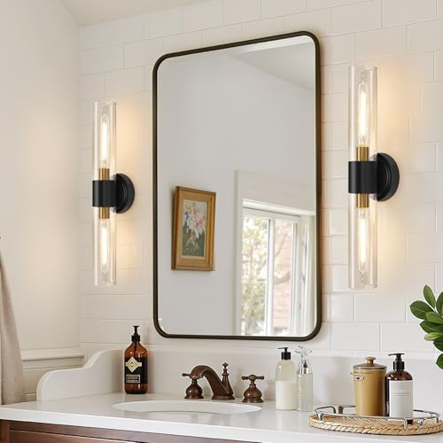 Image of Wall Sconces Set of Two, Modern Bathroom Sconces Wall Lighting with & Clear Glass Glass, Black and Gold Sconces Wall Decor Set of 2 for Bathroom Mirror Bedroom Living Room Hallway