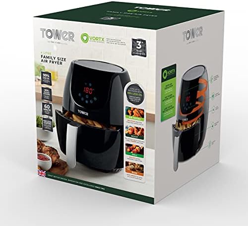 Tower T17067 Vortx Family Size Digital Air Fryer with Rapid Air Circulation, 60-Minute Timer, 4L, 1400W, Black