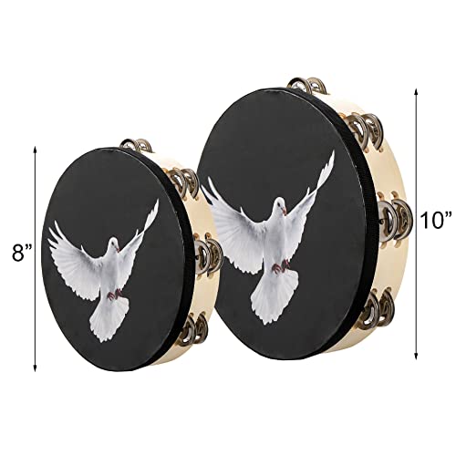 Elsjoy Set of 2 Tambourine, 10" and 8" Dove Church Tambourine with Double Row Jingle, Wooden Handbell Hand Clap Drum Percussion Instrument for Church, Black - Thumbnail 2