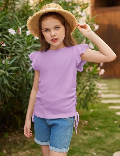 Image of Arshiner Girls T Shirts Ruffle Short Sleeve Ruched Knot Side Tunic Blouse Summer Tee Tops