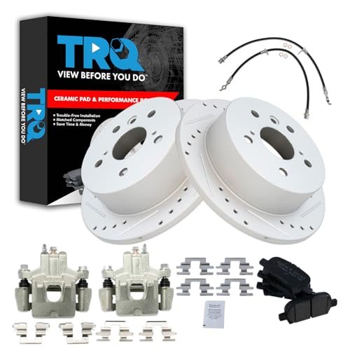 Image of TRQ Performance Rear Brake Pad and Rotor Set Ceramic Slotted Drilled Calipers Compatible with 2006-2007 Toyota Avalon 2006-2008 Solara