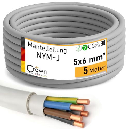 NYM-J Kabel 5x6mm - 5m Mantelleitung | Feuchtraumkabel für 300V/500V | Elektrokabel 5-Adrig mit PVC Mantel | Stromkabel für Elektroinstallation in Hellgrau