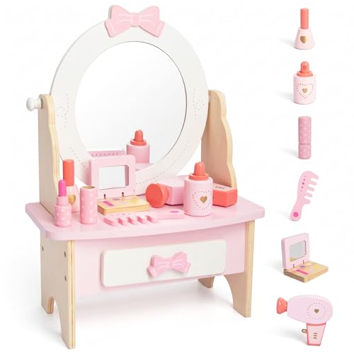 Wooden Vanity Set for Kids Pretend Play Toddler Makeup Vanity Table Toys with 360 Rotatable Mirror Beauty Salon Set Includes Makeup Accessories Little Girls Gift Age 3+ (White)
