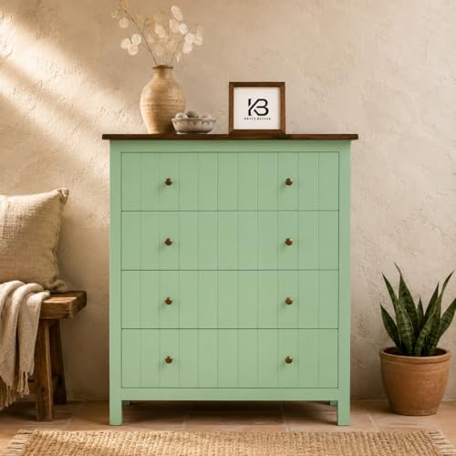Image of Solid Wood Madrid Chest of Drawers | Drawer Chest with 4 Drawers | Wooden Drawer Storage Cabinet | Finish- Sage Green