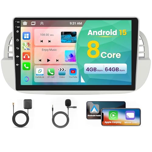 8 Kern 6 128G] Hodozzy Carplay Autoradio für FIAT 500 2007-2015, Android Autoradio mit Navi,9 Zoll Touchscreen mit Android Auto/Mirror Link/WiFi/GPS/ RDS/FM/Bluetooth/USB/DSP