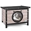 VOUNOT® Casetta per Gatti in Legno con Porta Design Orecchie di Gatto, Cuccia da Esterno Casa per Gatti con Porta e Tetto 57 x 45 x 43 cm, Grigio