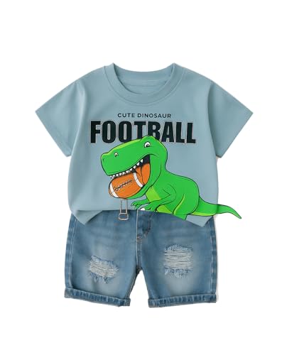 Image of Bold N Elegant Kids Dinosaur Football Cotton Half Sleeve T-Shirt with Denim Shorts Set for Infant Toddler Baby Boys Girls