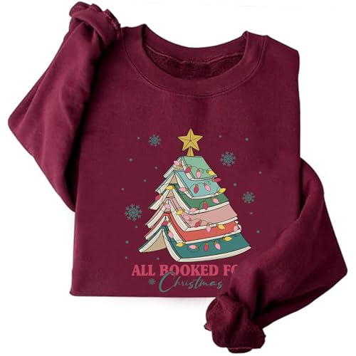 Image of TONGCHEN All Booked for Christmas Book Tree Sweatshirt Reading Book Lovers Librarian Bookworm Sweatshirts Christmas Sweater (US, Alpha, XX-Large, Regular, Regular, Wine Red)