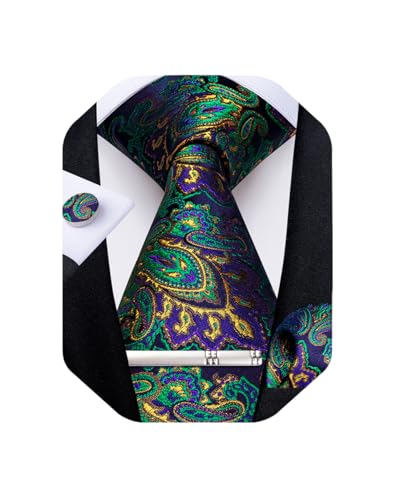 Image of DiBanGu Silk Floral Ties for Men Woven Paisley Necktie and Tie Clip Handkerchief Cufflinks Set for Party Wedding