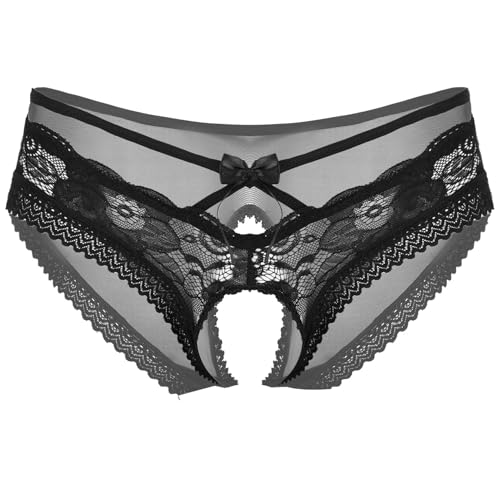 Sywiyi Herren Sissy Unterwäsche Ouvert Slip Unterhose Offen Schritt Höschen Transparent mit Spitze Dessous Reizwäsche A Schwarz XL