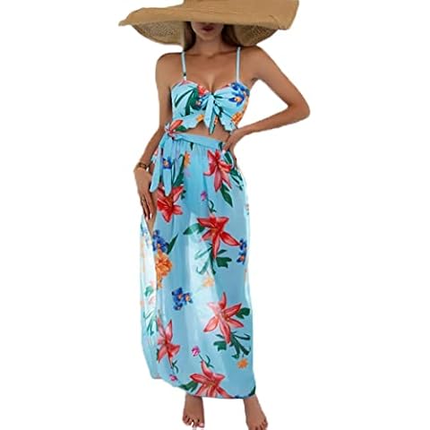 3 Piece Beach Swimsuit Women Sexy Bikini Set Tropical Flounce Wrap Skirt Beach Wear, Blue Lake, L Cover