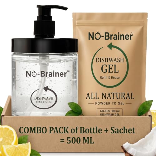 Image of NO BRAINER Dishwash Powder to Liquid | Natural Plant-Based, Non-Toxic Liquid | Hard on Grease, Easy on Hands | No Residue | Baby & Pet Safe | No Plastic Waste | Lime (Bottle + 1 Pouch for 500ml)