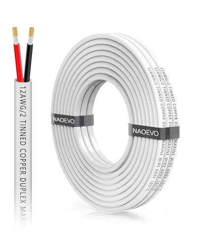 NAOEVO 12 Gauge Marine Wire Duplex 12 AWG Stranded PVC Marine Electrical Wire Waterproof/Corrosion Resistant/Tinned Copper Electrical Cable for Boat/Automotive/RV/Solar (15FT)