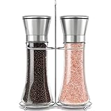Molinillo sal y pimienta, Molinillos de especias manual, Juego de Ajustable Molinillo de Sal y Pimienta con Molido Grueso a Fino, Salero Pimentero Vacíos, de Vidrio + Acero Inoxidable (2 Piezas)