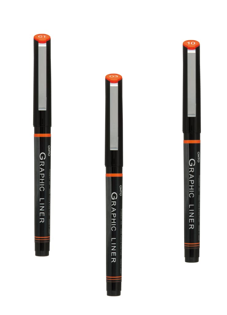 OHTO Graphic Liner Needle Point Rollerball Drawing Pen [01-03-10] Pack Of 3 Black Ink Water-based Artist Supplies Archival Inking Journaling Sketch Outline Manga Anime Sketching Watercolor Technical