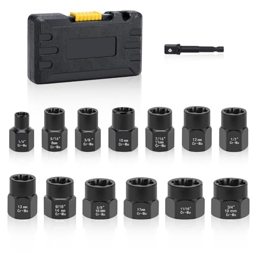 Lytool Bolt Extractor Kit,13PCS Impact Bolt & Nut Remover Set with 3/8 Inch Adapter, Stripped Lug Nut Remover, Easy Out Extraction Socket Set for Rusted,Rounded,Frozen,Damaged Nuts Screws,Storage Case