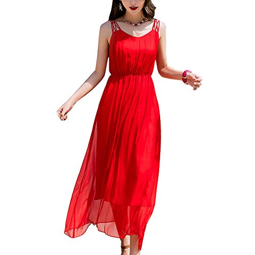 DISSA Damen Rot Seiden Kleid Ohne Arm Trägerlos Solide 100% Seiden Langes Seiden Kleid,D8033,XL