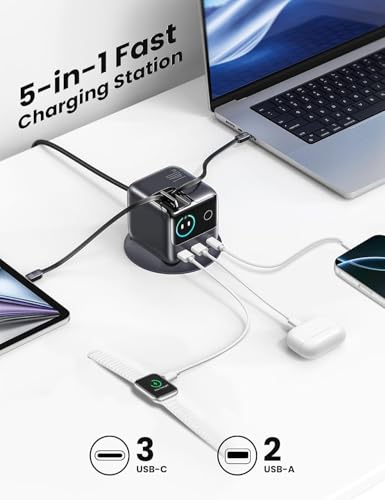 Image of 5-in-1 USB C Charging Station, 140W Ultra-Fast 5-Port Desktop Charger with Dual Retractable 100W USB-C Cables (2.6ft), 1.54 inch Smart LCD Power Display for Mac Book, 1Phone, Home & Office (JR-TRD01)