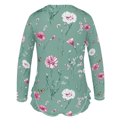 Cartoon Dianthus Sage Green Long Sleeve Swimsuit for Girl 1 Piecing Rash Guard Swimsuits Sun Protection Girls Bathing Suit3