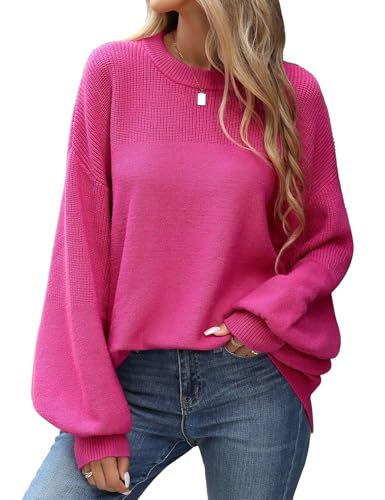 heekpek Women's Jumpers Crew Neck Loose Knitted Jumper Lantern Sleeve Ladies Sweaters Warm Autumn Winter Tops Chunky Pullovers Knitwear, Rose Red, XL