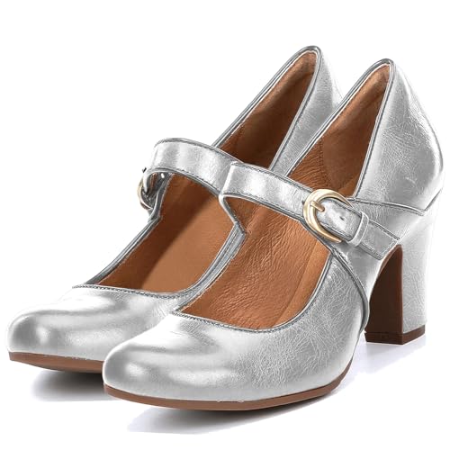 Image of SHODENSE Women Vintage Chunky High Heel Mary Jane Shoes Round Closed Toe Ankle Strap Dress Sandals 3 inch Block Heels Mary Jane Lolita Pumps Two-Toned Patchwork Buckle Office Lady Wedding Retro 4-11 M US