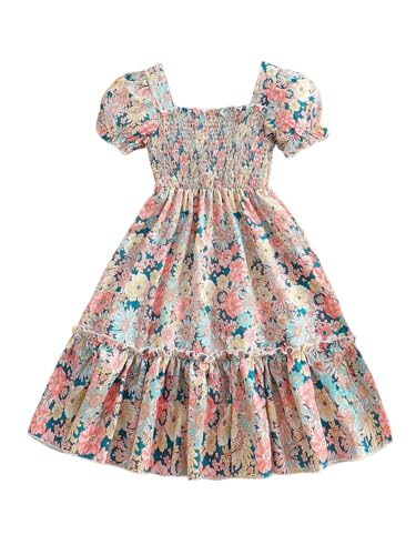 Girl's Floral Shirred Layered Ruffle Dress Puff Short Sleeve Square Neck A Line Dresses