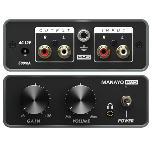MANAYO Adjustable Gain Phono Preamp for MM Turntables, Professional Mini Pre Amplifier with 6-36dB Gain, Headphone Output, RCA Connectivity with Grounding Terminal for Vinyl Record Player