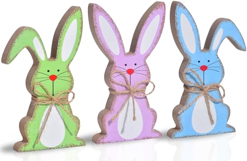 GHOSTMAGIC Easter Decorations for Home, 3PCs Easter Bunny Table Decor, Natural Wooden Easter Centerpiece Signs, Easter Decor Rustic Tabletop for Tiered Tray Decor Farmhouse Easter Gifts (3 colors)