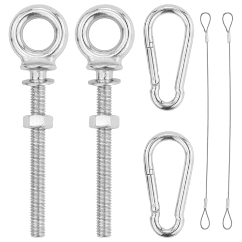 2 pezzi viti ad anello M8 x 80 mm, viti ad occhiello, viti ad anello con rondelle e dadi esagonali, bulloni ad occhiello, con 2 pezzi moschettoni e 2 pezzi cavi metallici, per il fissaggio e