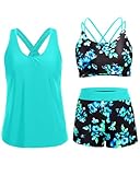 Holipick Aqua and Blue 3 Piece Tankini Swimsuits for Women Tummy Control Bathing Suits Swim Tank Top with Bra Boy Shorts Teen Swimwear M