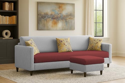 Image of Casaliving Premium Lifestyle Fabric 5 Seater L Shape Sofa Set 4 Seater Modern Sofa Set & Ottoman for Living Room (Maroon Grey Color)
