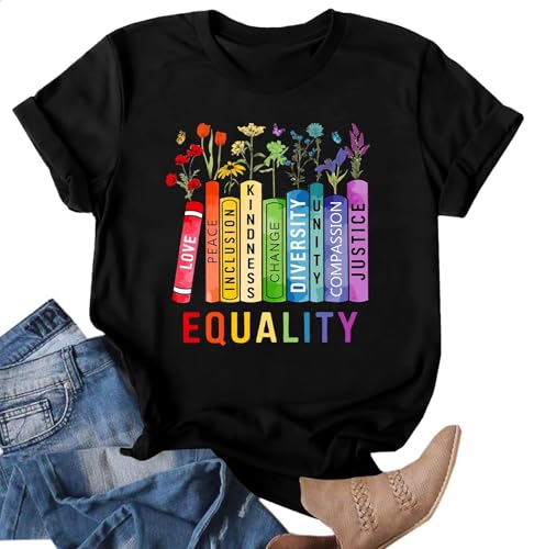 hohololo Pride Shirt for Women Rainbow Tshirt Equality Short Sleeve Tops Graphic Tees (black1 XL)