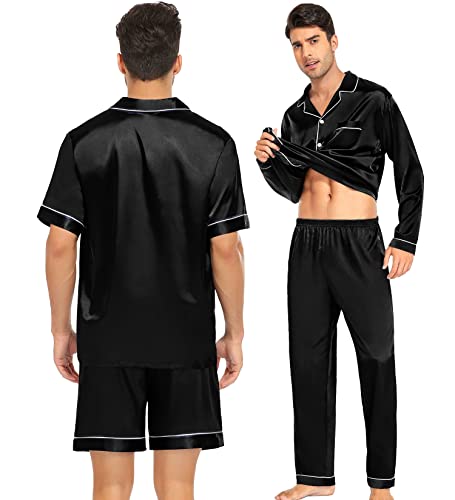 SWOMOG Mens Satin Silk Pajamas Set 3pcs Short Sleeve Sleepwear Silky Button Down Pjs Sets Classic Loungewear Nightwear4